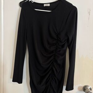 Ruched Long-Sleeve Black Midi Dress